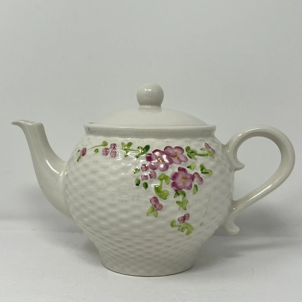 Vintage Teleflora Ceramic Porcelain Teapot 1985 White Lattice Floral Lid Decor